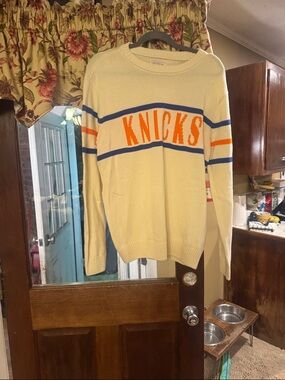 American Needle Knicks Crewneck Sweater in Cream with Blue & Orange